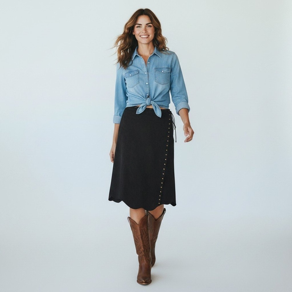 Vintage Western Black Suede Wrap Midi Skirt Hem Brass Studded Western Womens